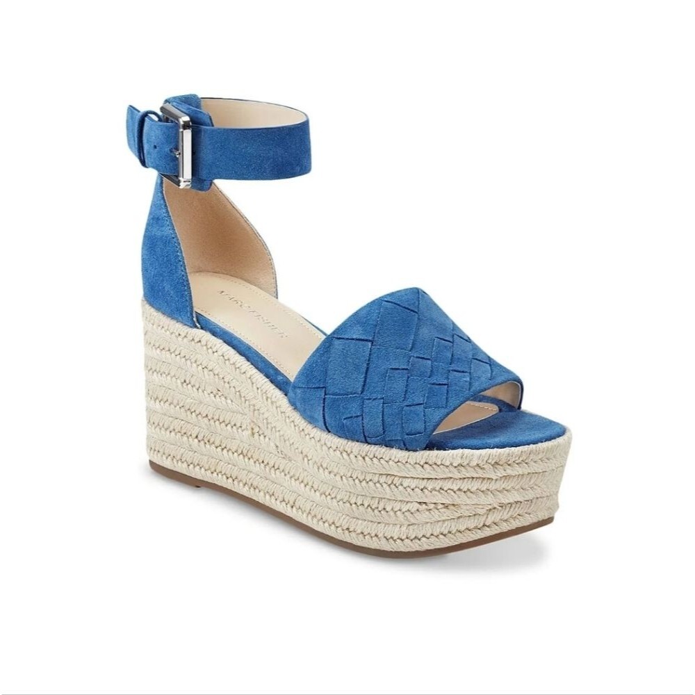 Marc Fisher Varin Blue Suede Woven Wedge Espadrille Sandals Sz 9.5 Cottagecore - Picture 2 of 12